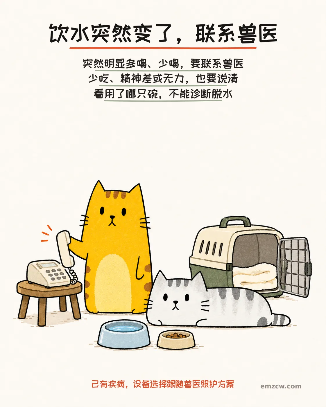 二猫子在水碗、饭碗和打开的航空箱旁拨电话,说明突然明显多喝少喝应联系兽医且看水碗不能诊断脱水