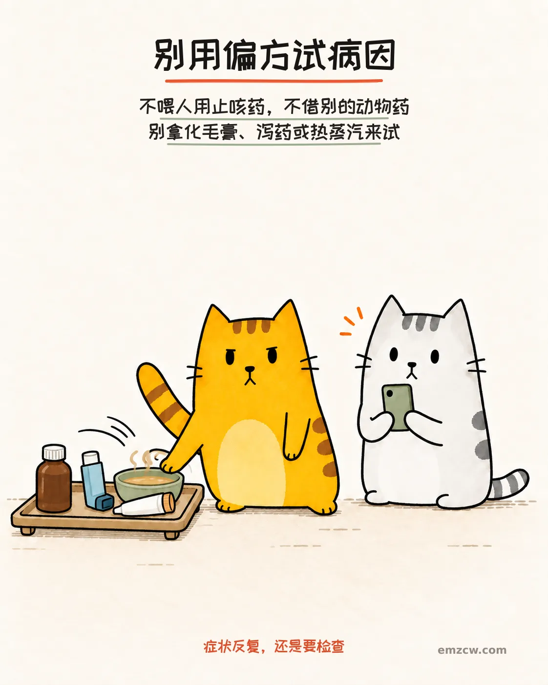 二猫子把人用止咳药、别的动物的吸入药、化毛产品和热蒸汽推开，并准备电话联系诊所