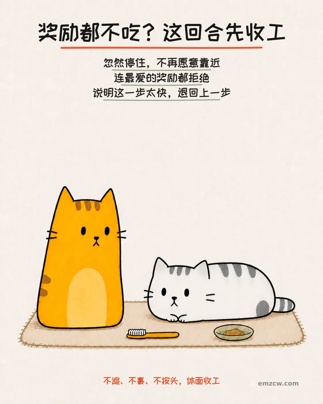 银渐层收紧身体且没有吃奖励，橘猫把牙刷放下，演示看到拒绝信号就暂停退阶