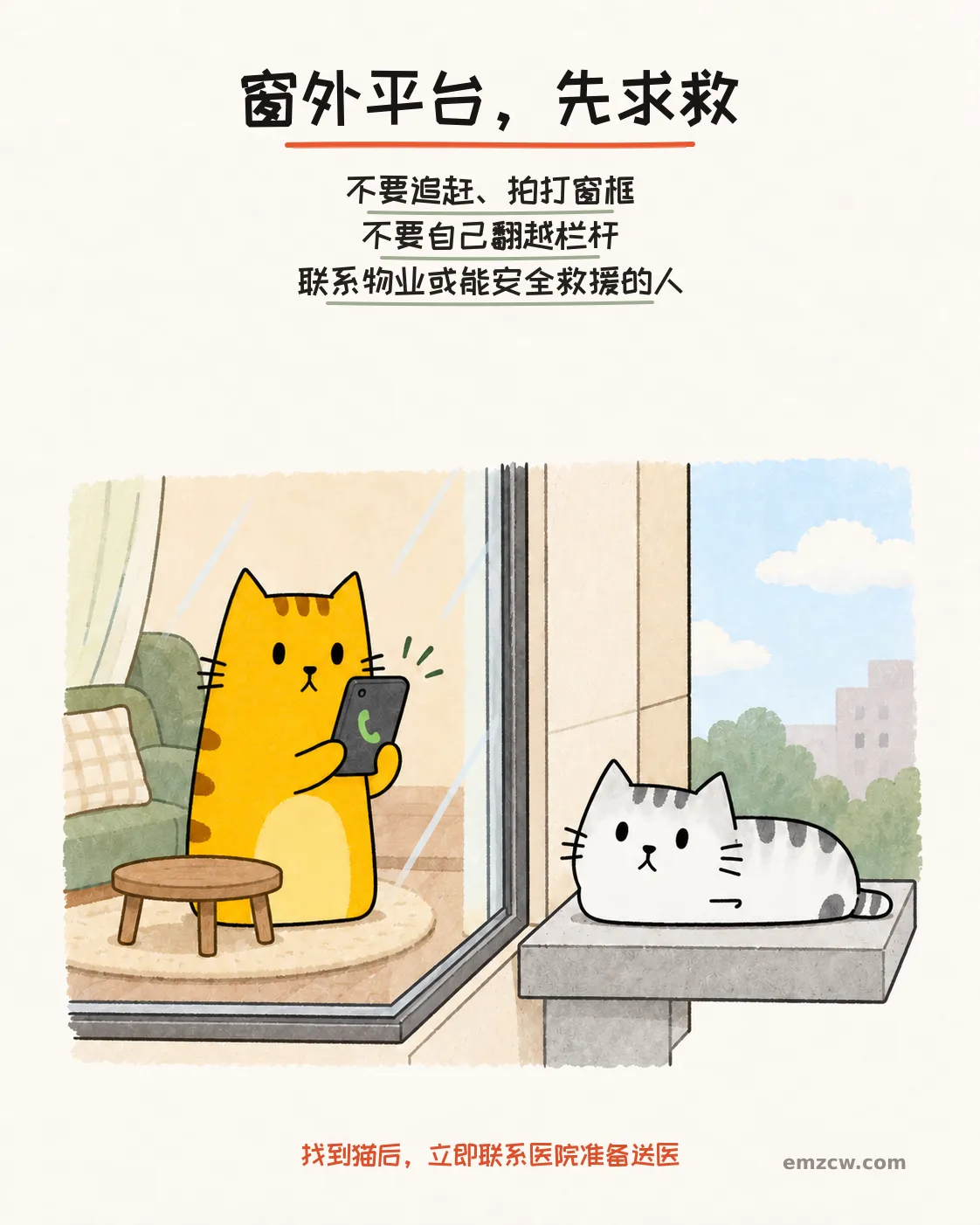 二猫子一只待在窗外的平台上，另一只留在室内打电话求助，说明不要追赶或自行翻越栏杆