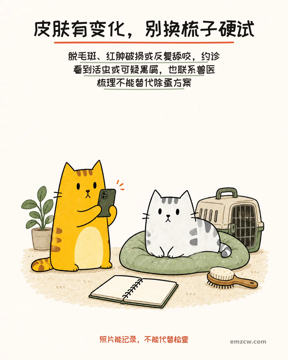 二猫子一只隔着距离用手机记录同伴，梳毛刷放在一旁，说明脱毛斑、红肿破损或反复舔咬要预约兽医检查
