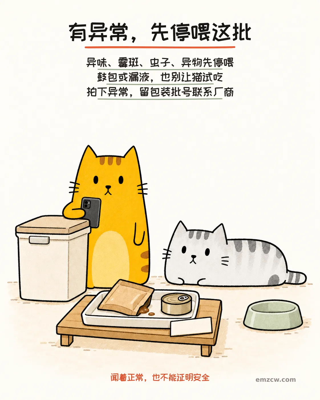 二猫子一只用手机记录托盘内漏液餐包和罐头,另一只在空碗旁等待,说明发现异常先停喂并留包装批号联系厂商
