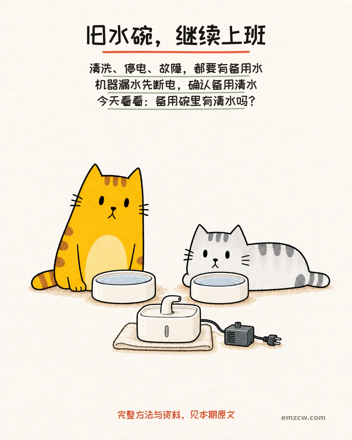 二猫子守在两只清水碗旁,前方饮水机已停用且插头断开,说明清洗停电故障时继续供水并在漏水时先断电