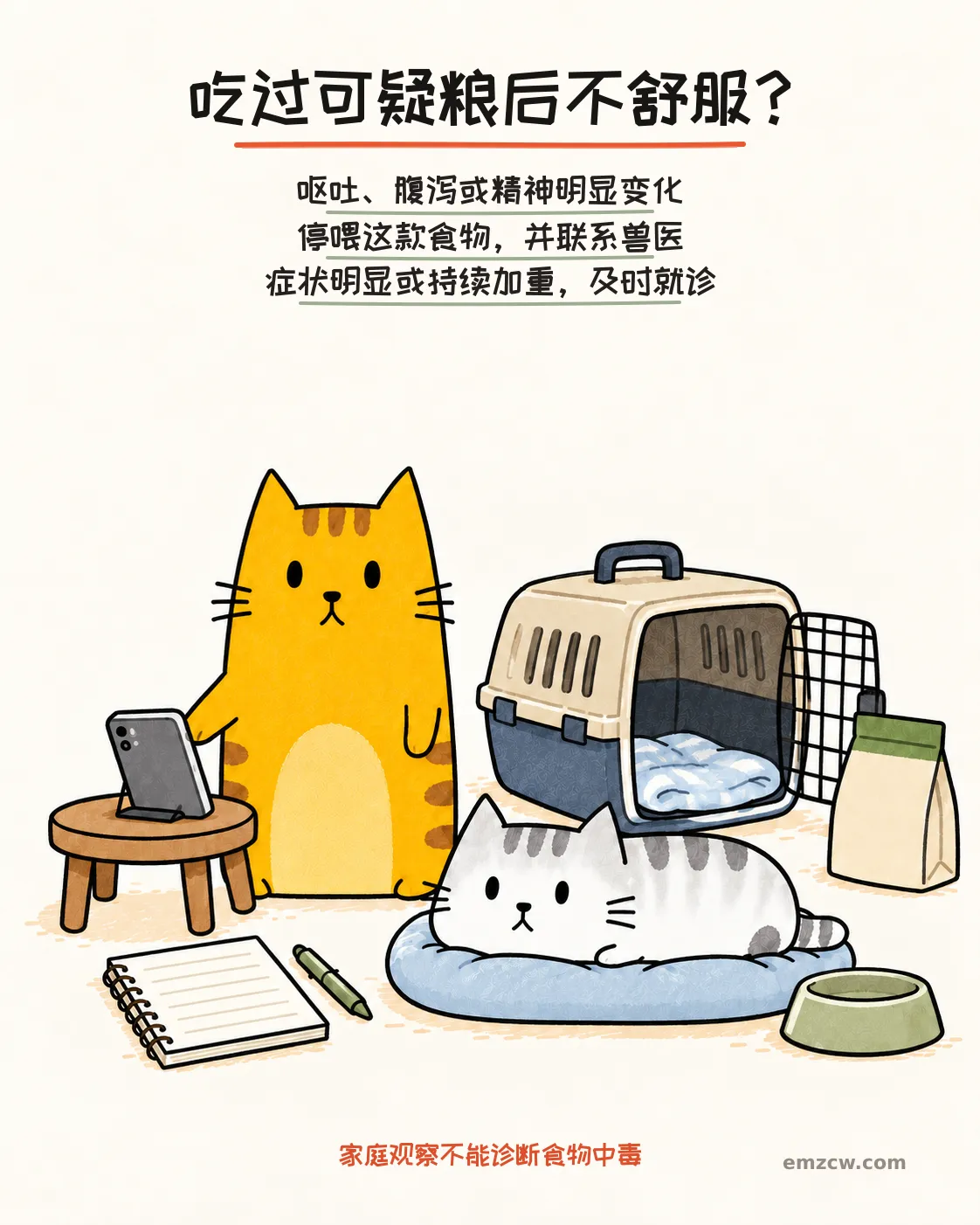 二猫子一只安静卧在软垫上,另一只在电话、食物包装和打开的航空箱旁准备求助,说明吃过可疑粮出现症状要停喂并联系兽医