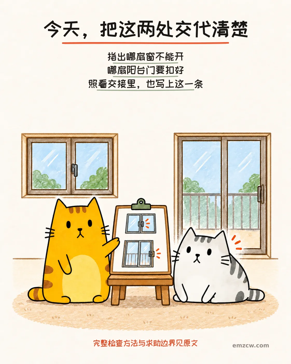 二猫子一起查看画有关闭窗户和阳台门的交接单，说明要指出哪扇窗不能开、哪扇阳台门要扣好