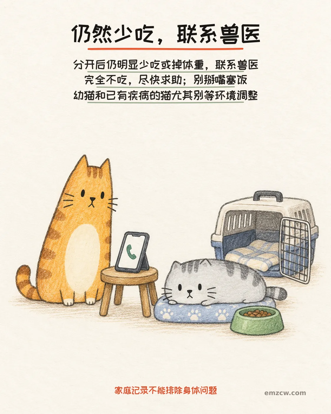 二猫子一只卧在软垫上未动饭碗，另一只在电话和打开的航空箱旁准备求助，提醒分开后仍明显少吃或掉体重要联系兽医，完全不吃尽快求助