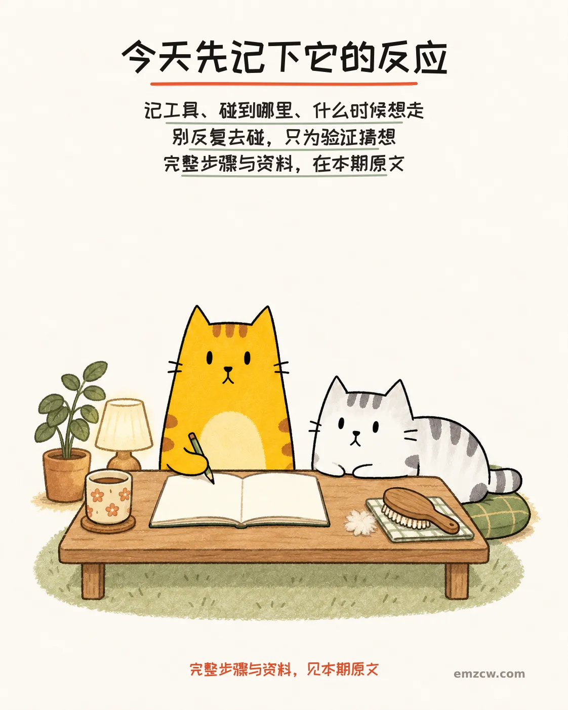 二猫子一只拿铅笔准备记录工具和护理反应，另一只自主待在桌边软垫上，说明不反复触碰验证猜想并引导阅读原文