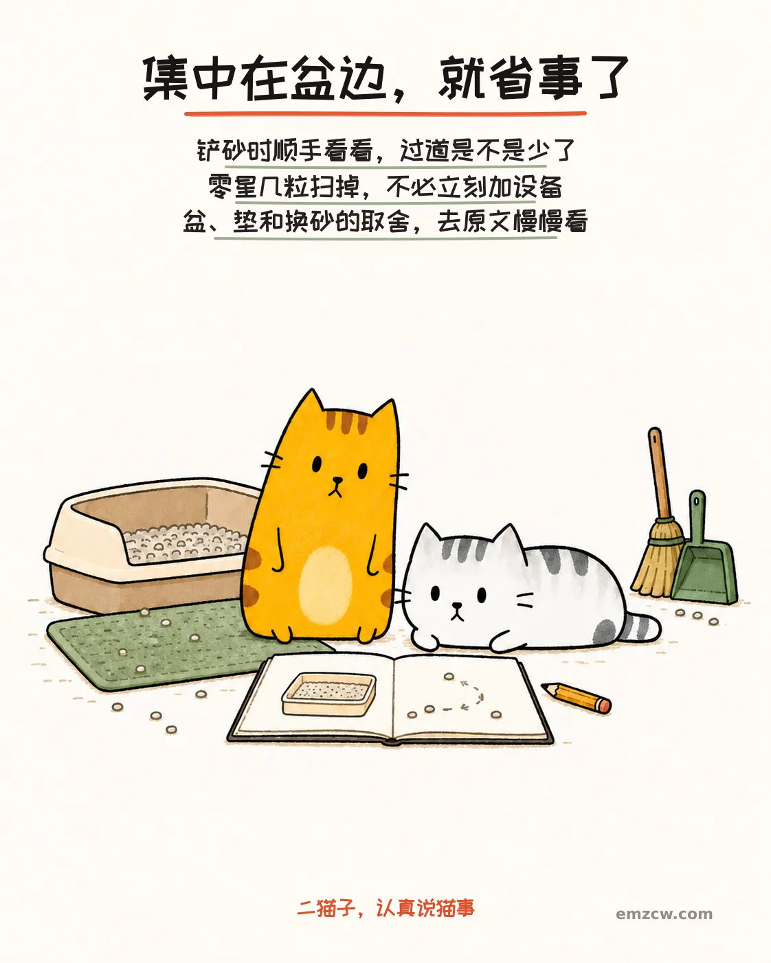 二猫子一起查看只画有砂盆和散砂路线的笔记，旁边有落砂垫与收好的清扫工具，说明评估散砂是否集中并引导阅读原文