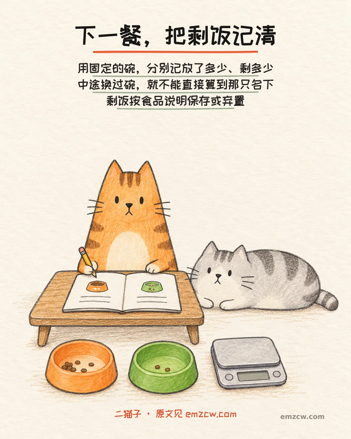 二猫子一起对照橘色与绿色饭碗的剩粮、厨房秤和图画笔记，说明固定碗分别记录放入量与剩余量，串碗后不能直接归算，剩饭按食品说明处理