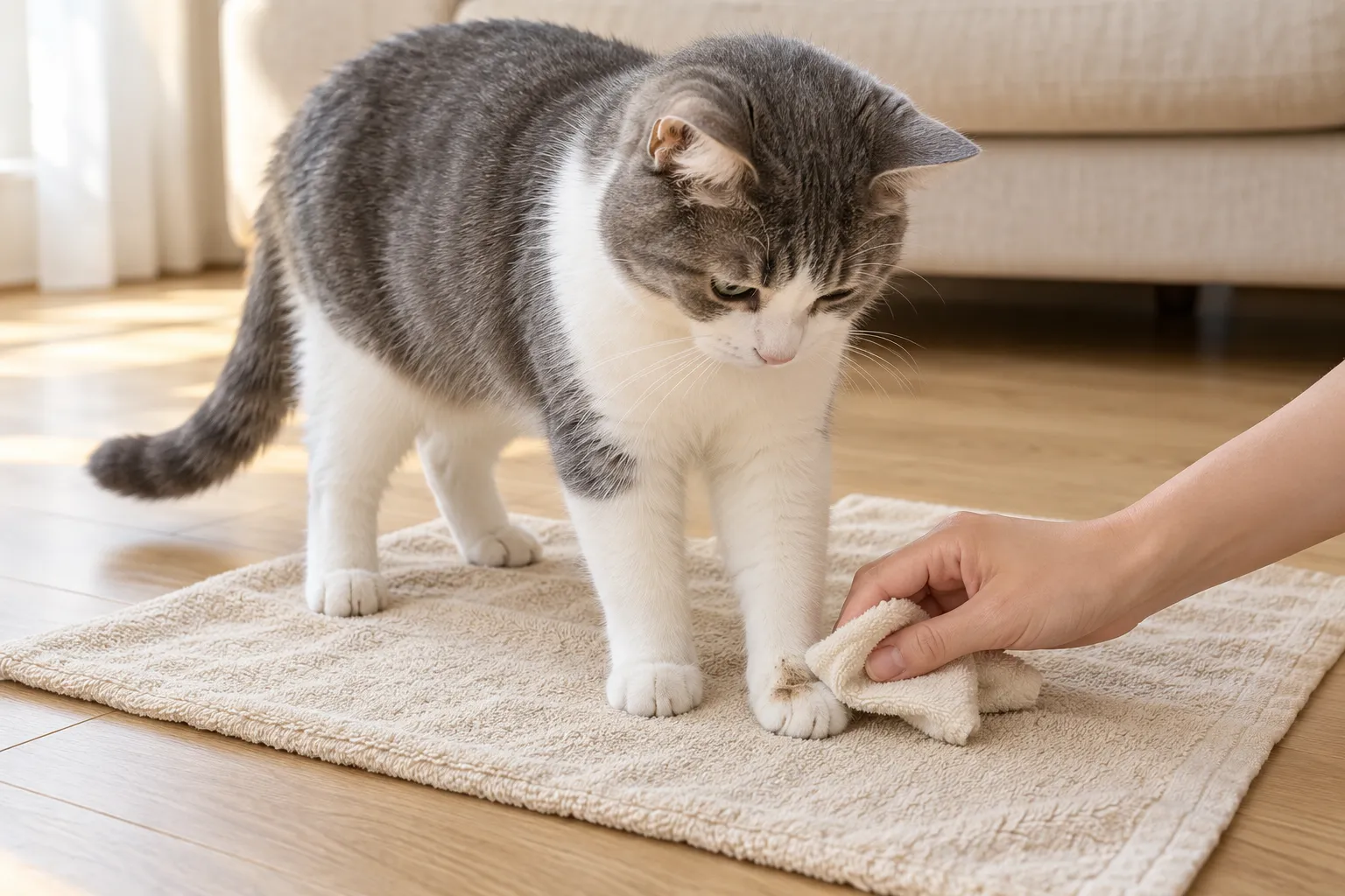灰白短毛猫四爪站在铺于木地板的毛巾上，一只手用软布轻擦它前爪外侧的小块泥渍
