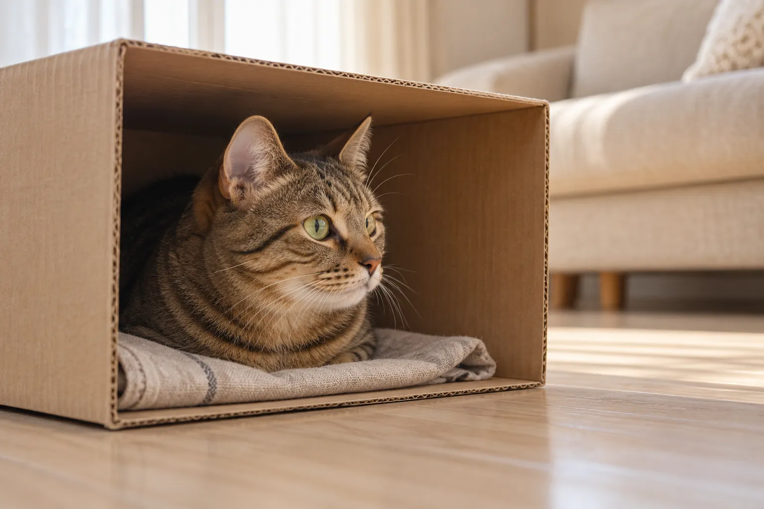 狸花猫趴在横放纸箱里,从宽大的开口向外张望