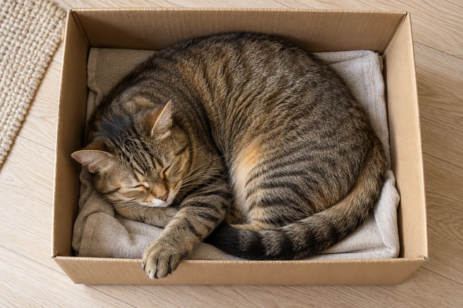 俯拍狸花猫蜷卧在敞口纸箱里,一只前爪放在箱沿上