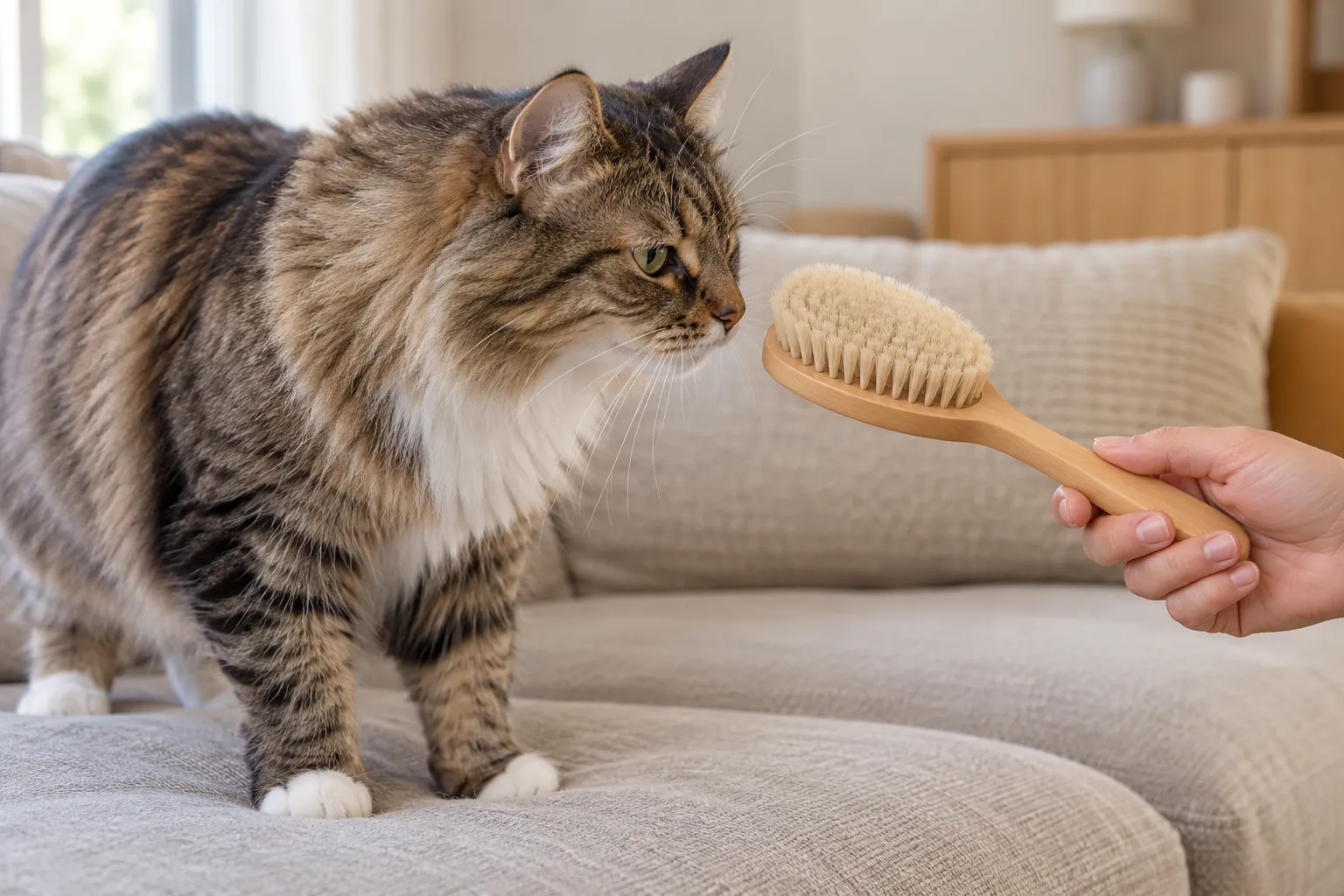 长毛狸花猫站在沙发上靠近主人手中的木柄毛刷,刷毛没有碰到它的脸