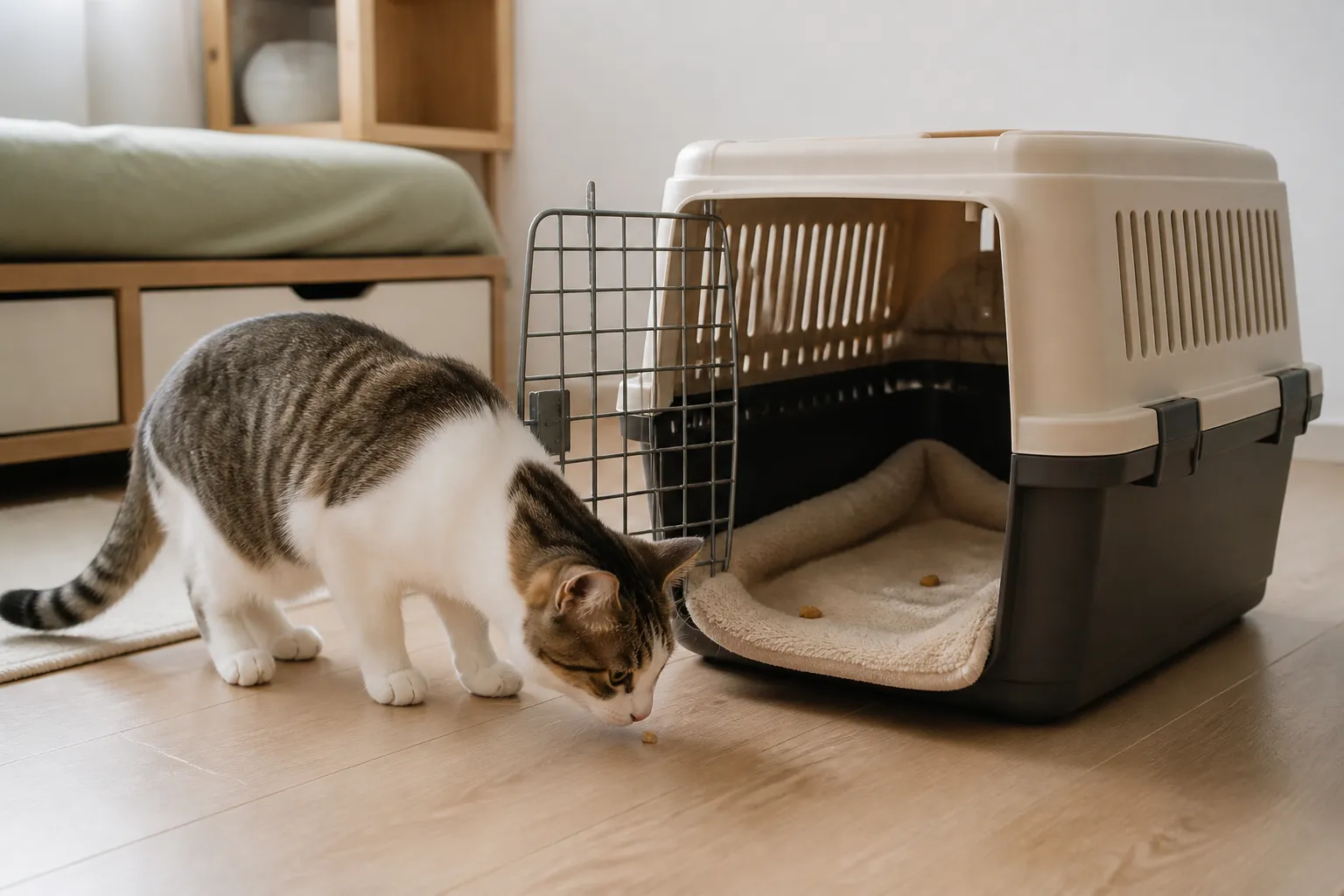 航空箱放在猫常待的安静位置，猫主动走向铺有熟悉毯子的入口