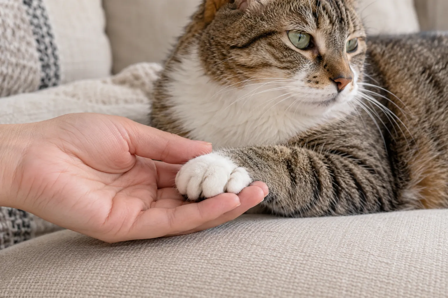 主人用张开的手掌轻托狸花白猫的前爪，猫放松趴在米色沙发上