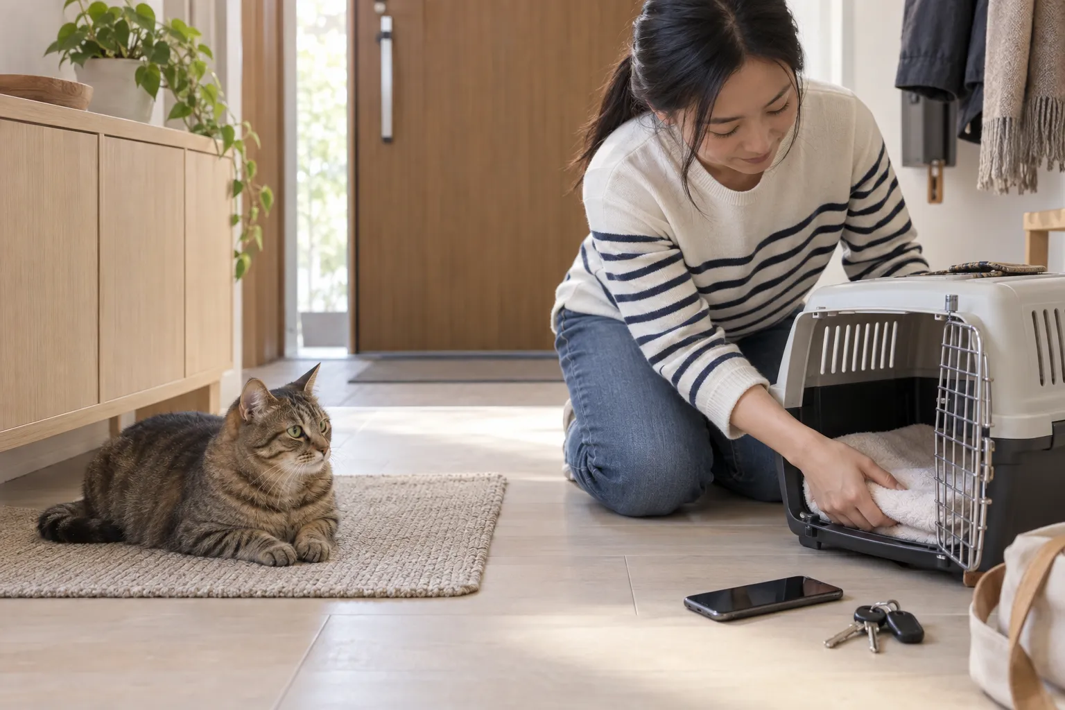狸花猫安静趴在门边地垫上，主人把软毛巾铺进打开的航空箱