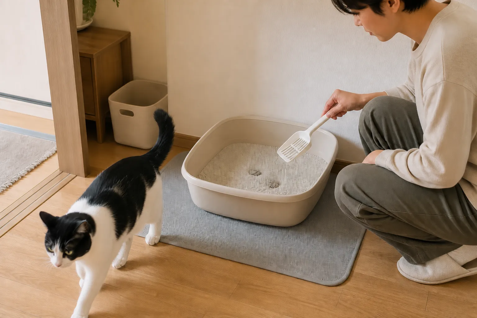 黑白猫离开猫砂盆，主人用猫砂铲查看两个普通尿团的大小
