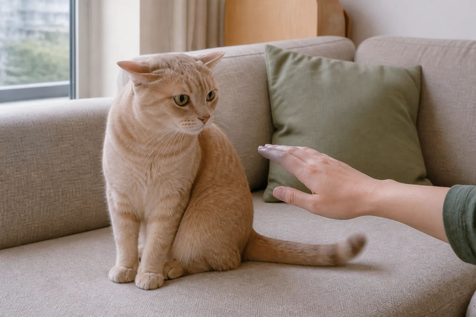 沙发上的猫耳朵转向两侧、尾巴摆动，人的手已停在它面前