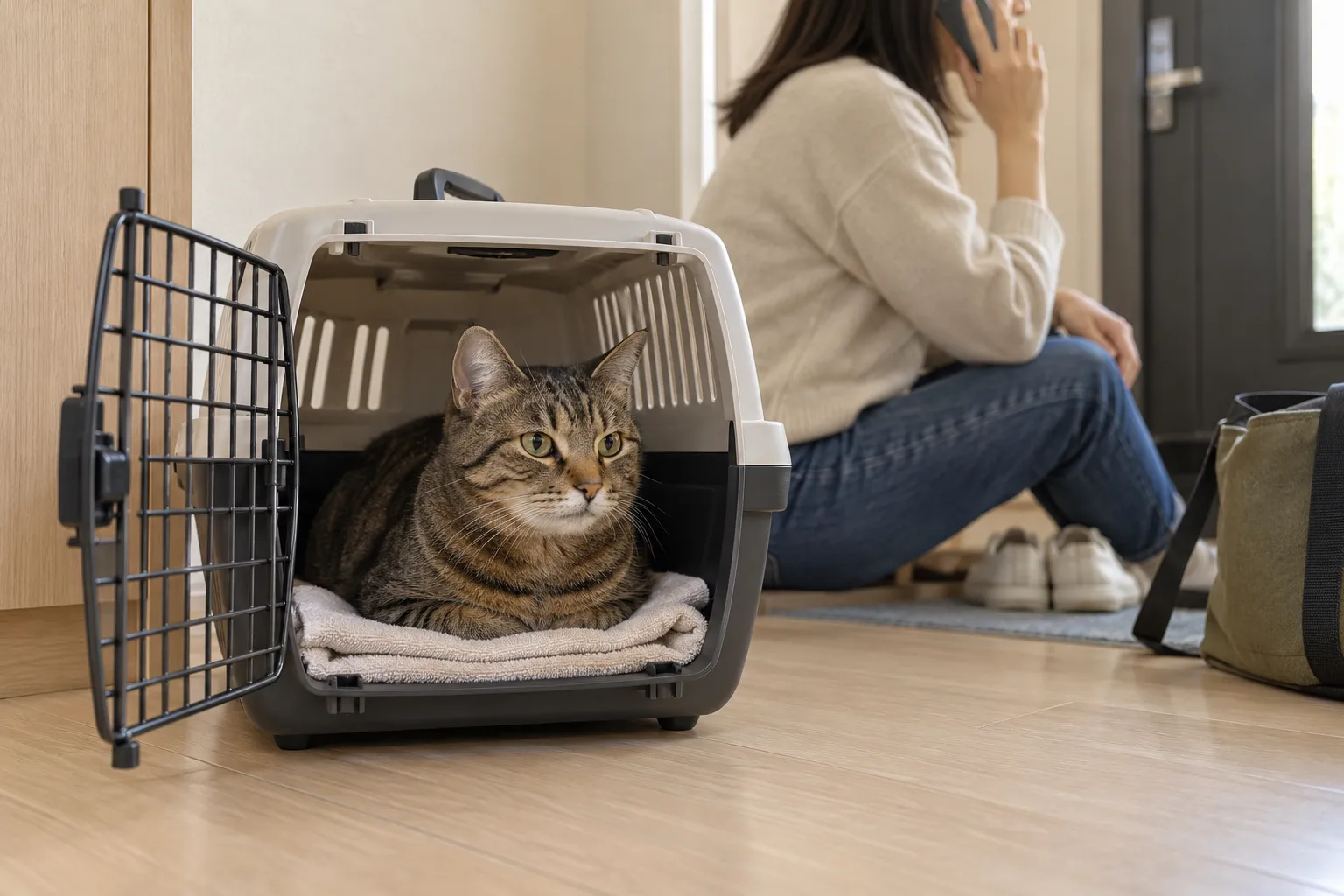 狸花猫趴在铺有毛巾的航空箱里，旁边的人正打电话