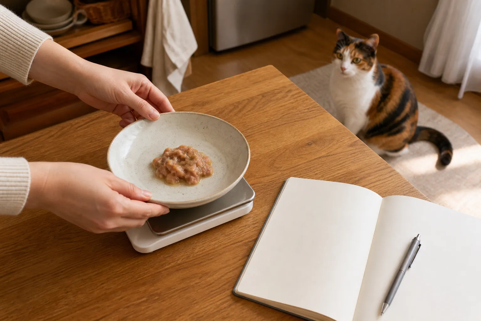 主人把剩余湿粮连盘放上厨房秤，三花猫坐在一旁等待