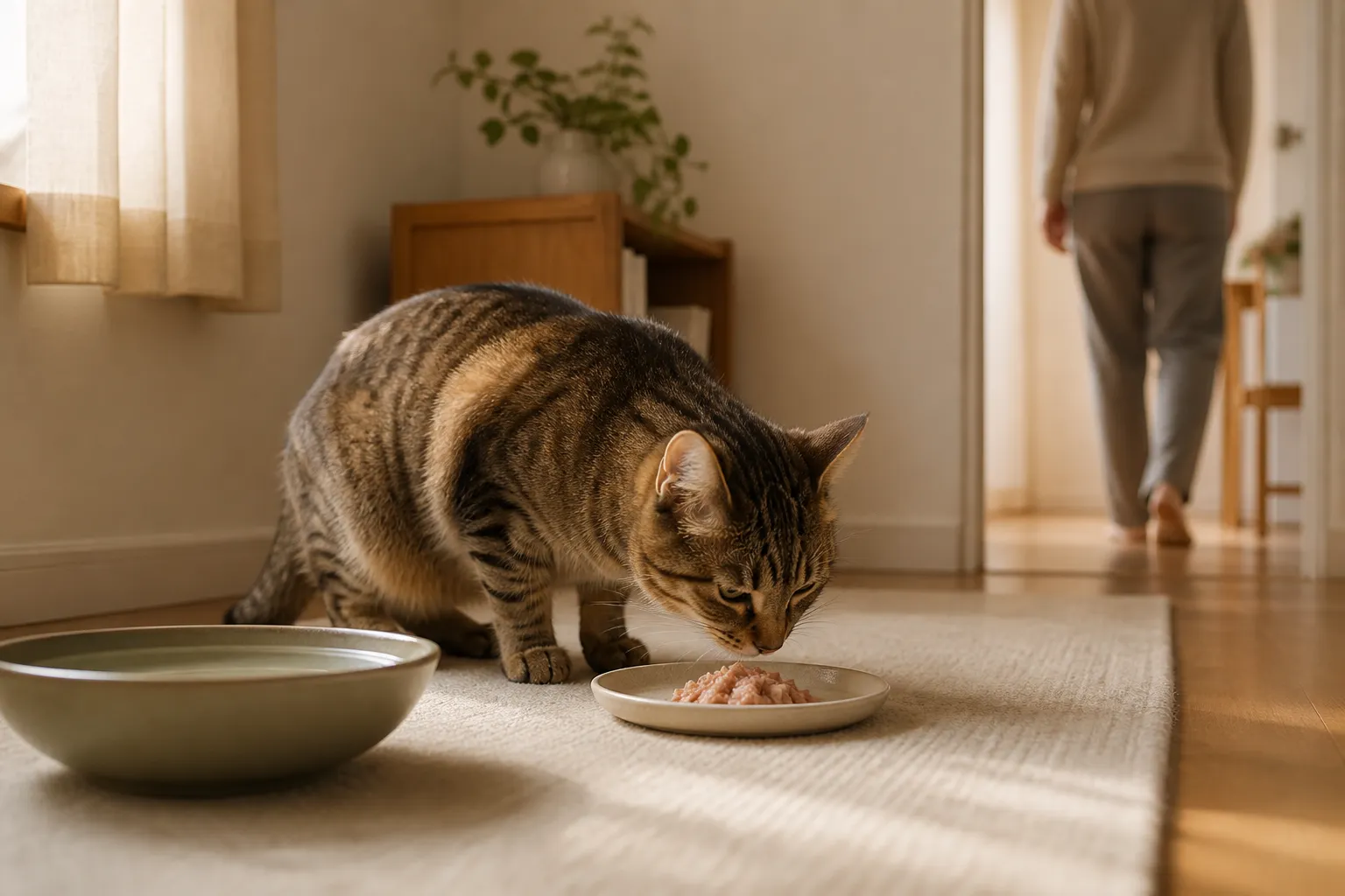 安静房间里，一只狸花猫靠近小份湿粮，清水碗与食盘分开放置