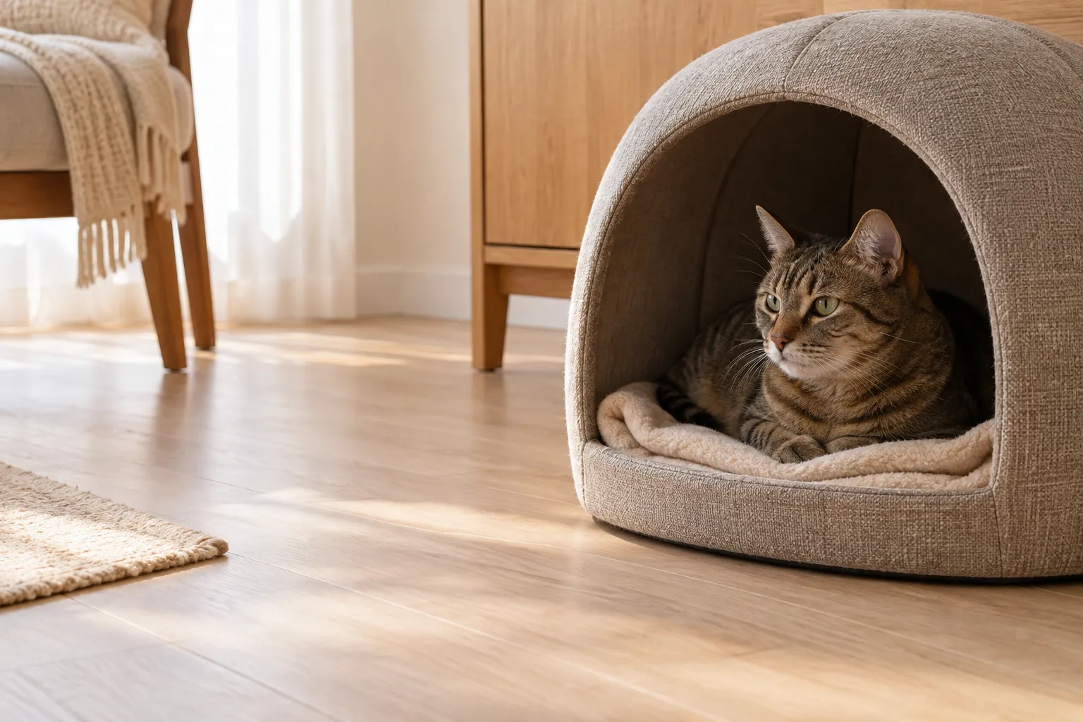 狸花猫卧在地面猫窝的熟悉毯子上,前方留有畅通的出入口