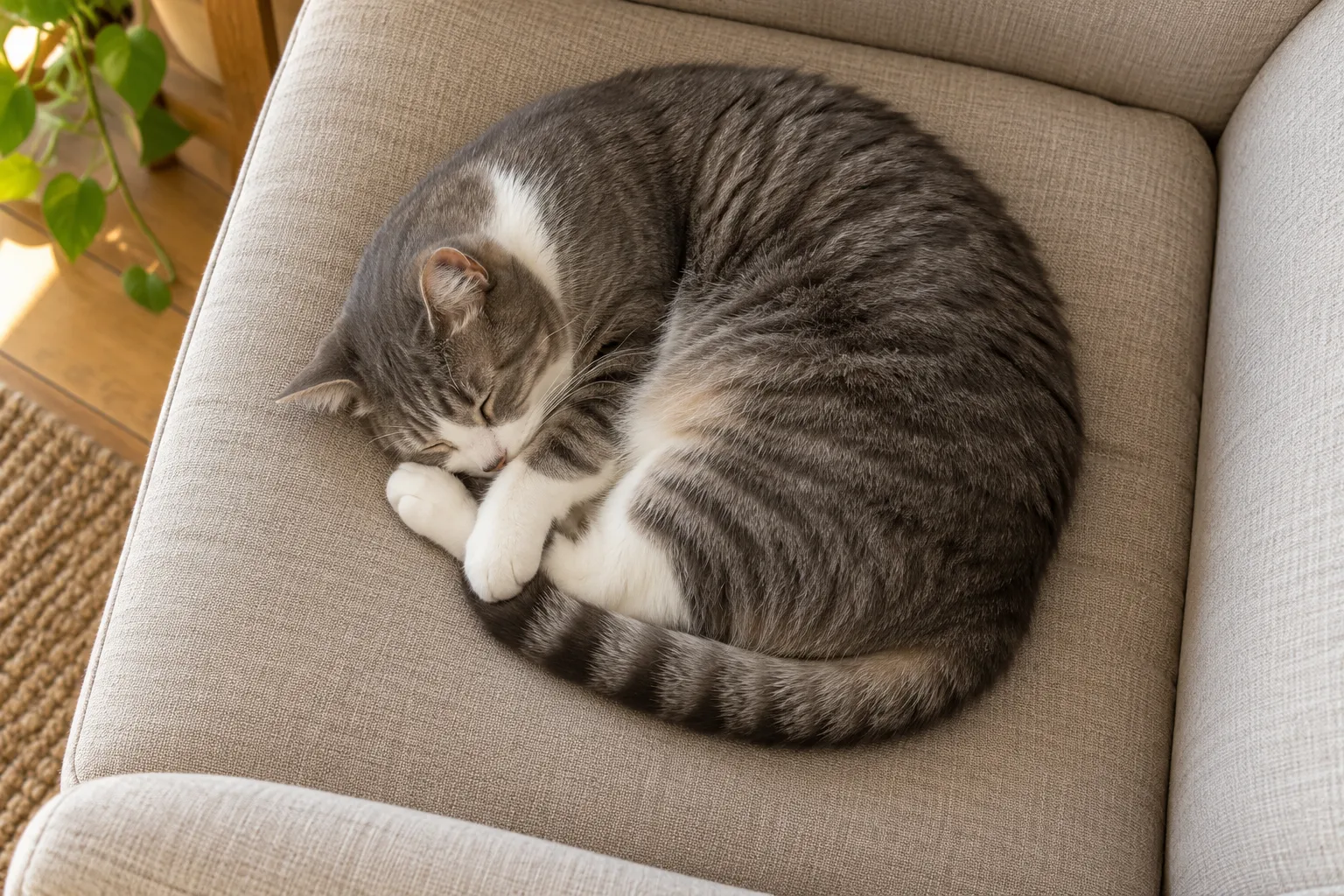 灰白狸花猫蜷成一团睡在米色扶手椅坐垫上,尾巴绕着身体外侧