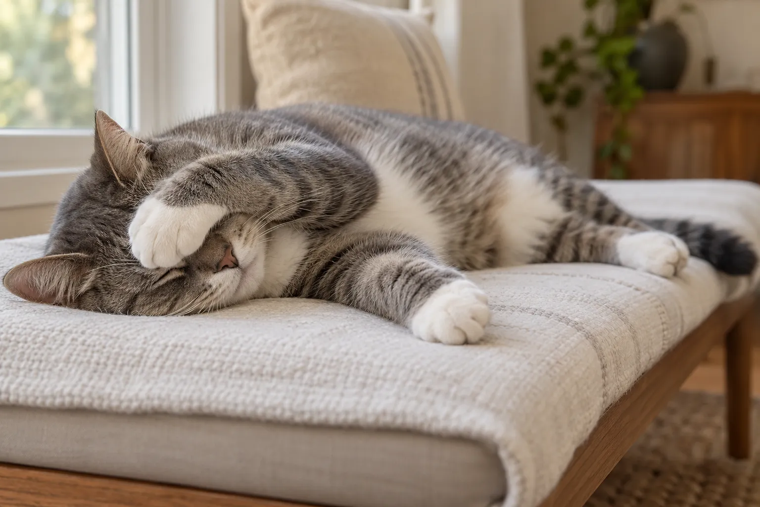 灰白狸花猫侧卧在浅色软垫上,一只白色前爪轻搭在闭着的眼睛前,鼻子和胡须露在外面