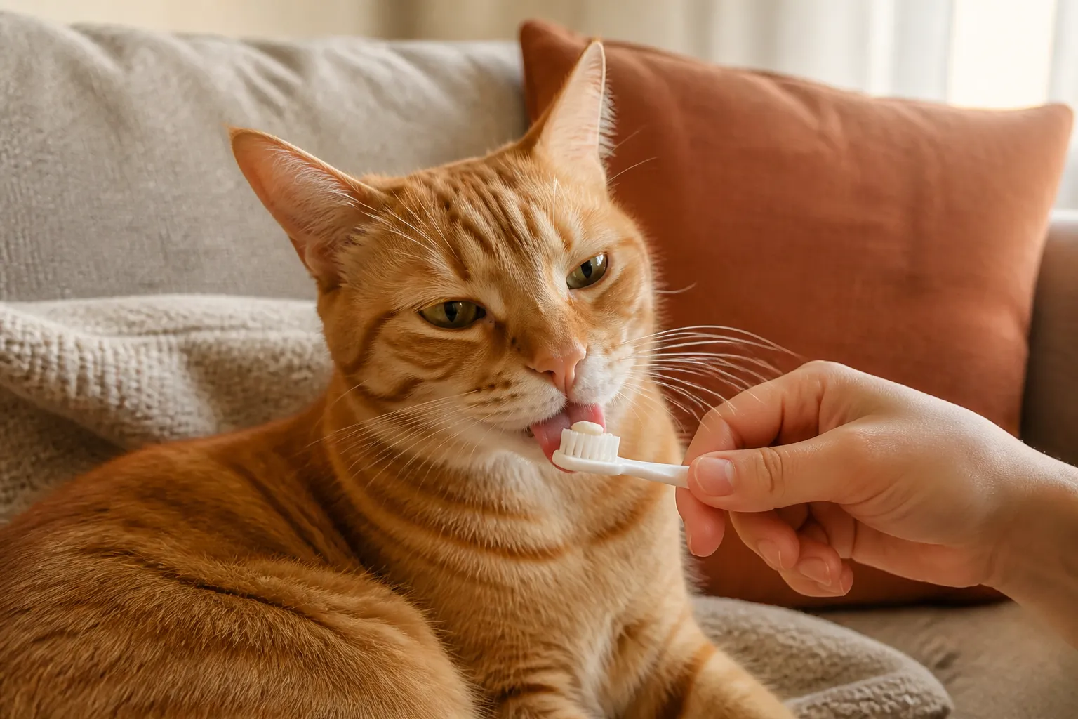 橘猫放松地舔主人手中猫用软毛牙刷上的少量猫用牙膏