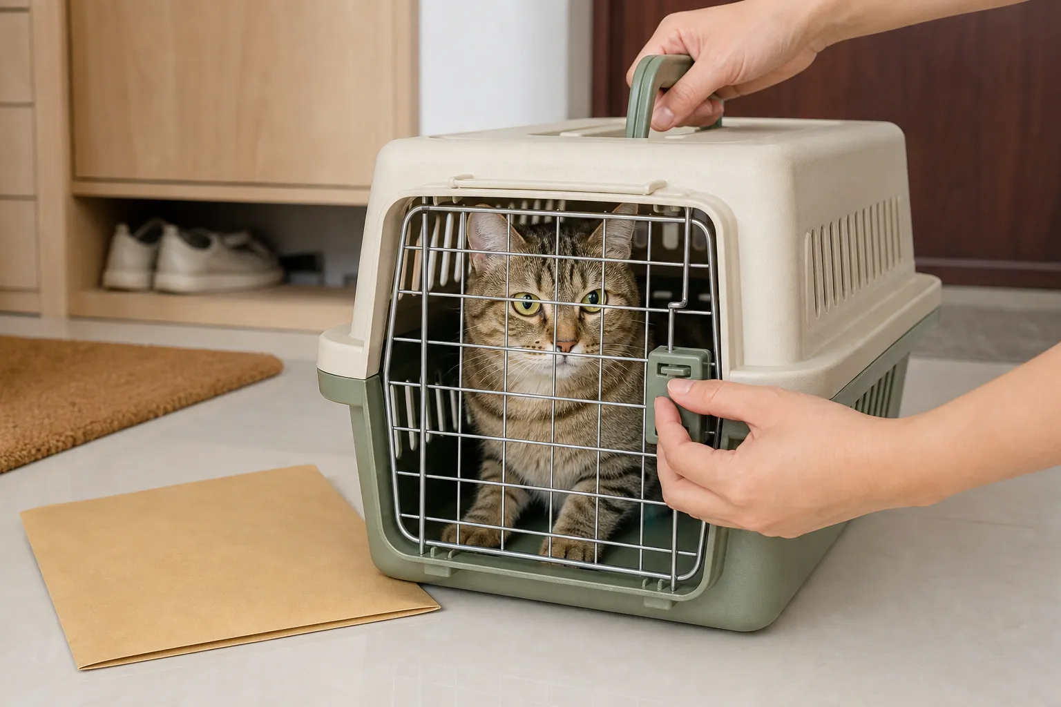 主人检查航空箱锁扣并提起手柄，猫安静地待在箱内准备就医