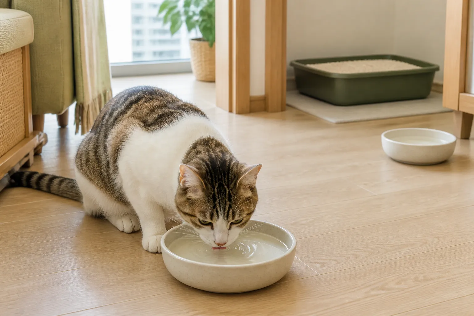 猫在宽口陶瓷碗中喝水，另一只水碗和干净猫砂盆分开放置