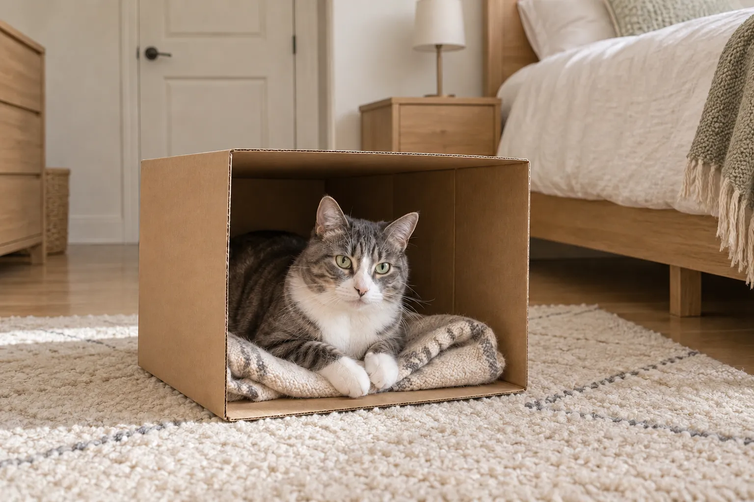 灰白狸花猫趴在卧室里侧放的纸箱中,前爪搭在柔软的毯子上