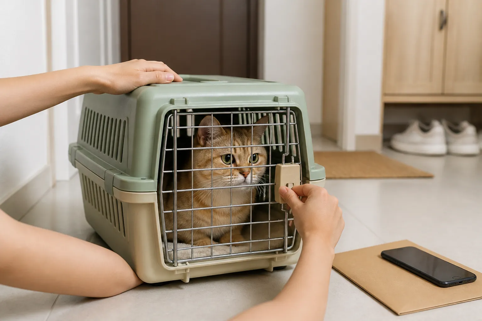 猫安静待在硬壳航空箱内，主人正在合上箱门并检查锁扣