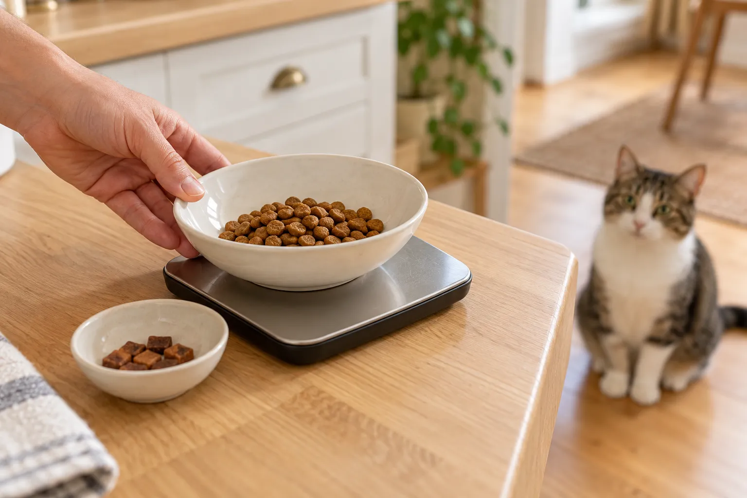 主人把装有猫粮的陶瓷碗放到厨房秤上，旁边另放一小碟零食，猫坐在后方地板上