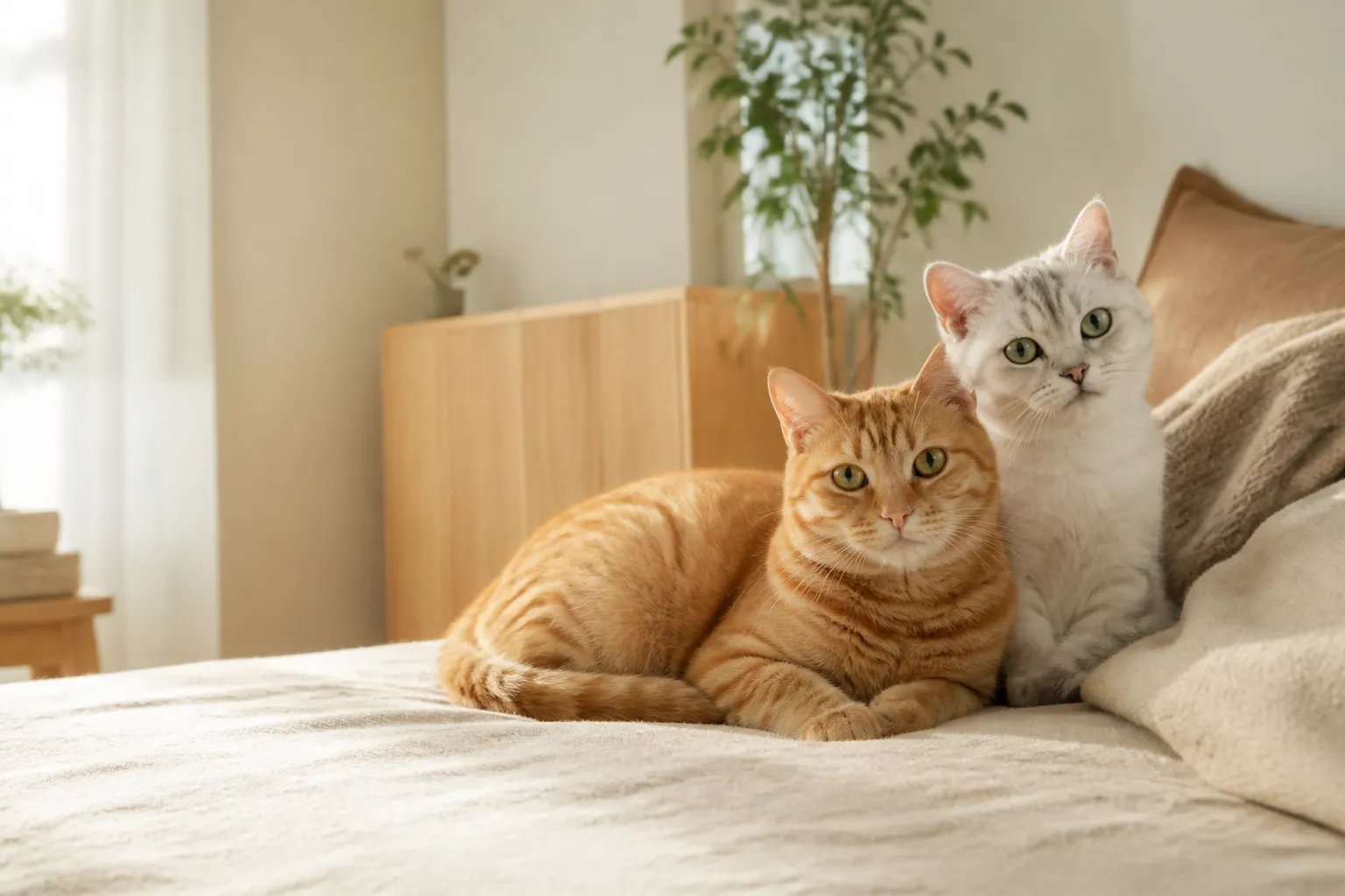 一只橘猫和一只银白猫在阳光照进的卧室里并排休息