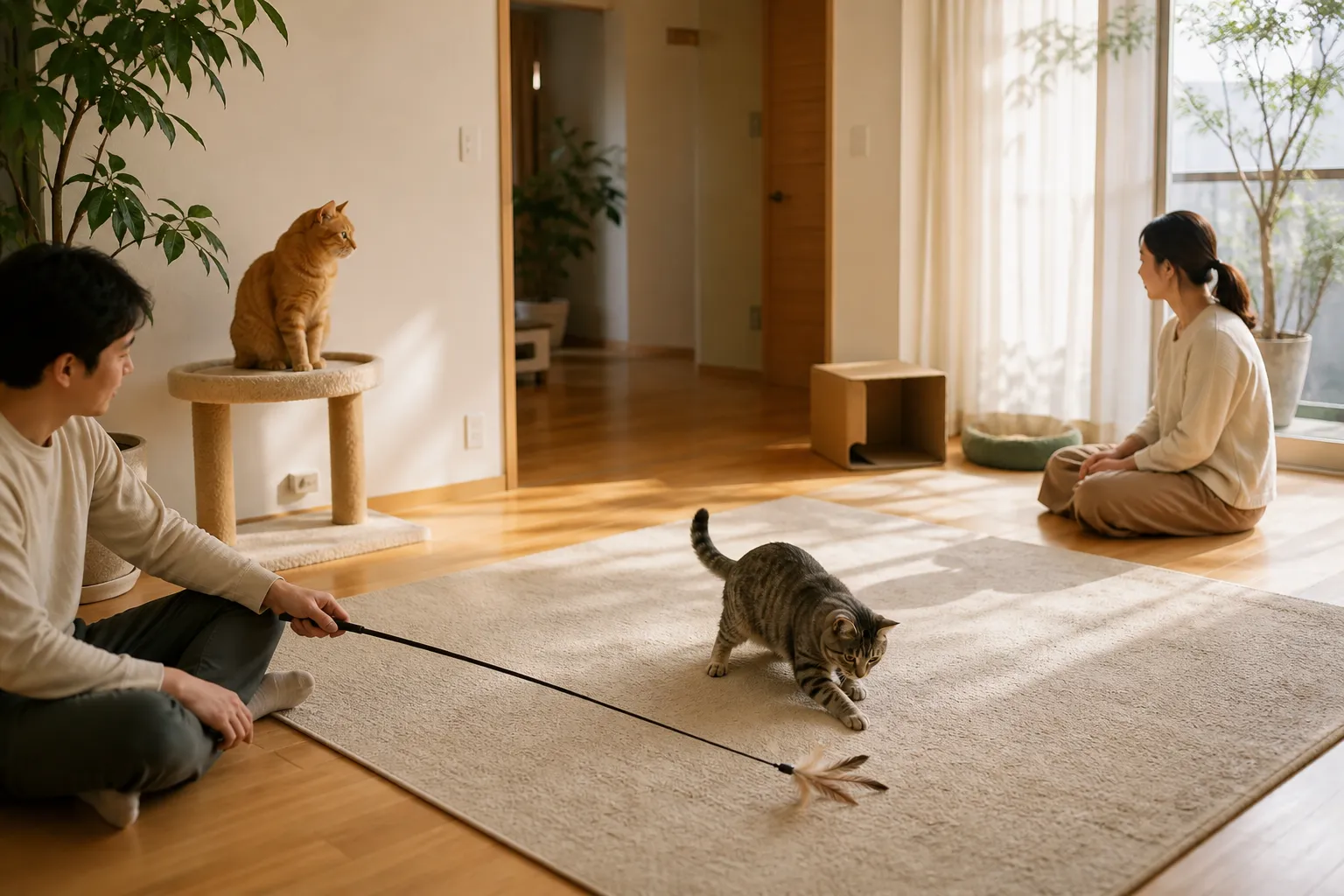 宽敞客厅里，两只猫分处猫爬架和地毯，两个主人保持距离监督互动