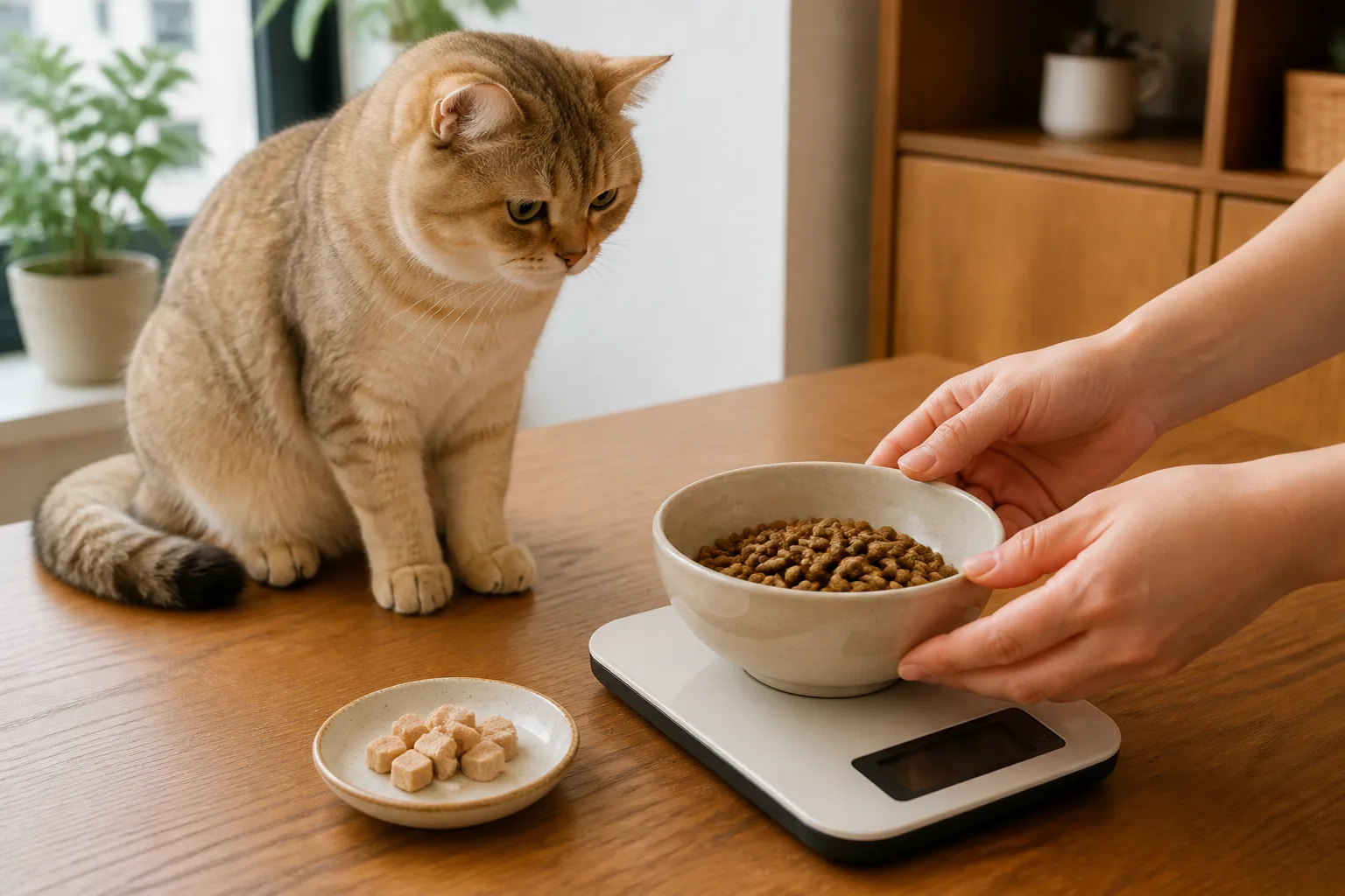 主人把猫粮碗放在厨房秤上按克称量，旁边单独放着一小碟零食